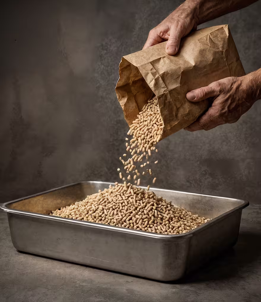 Hands pouring cat litter into a metal litter box