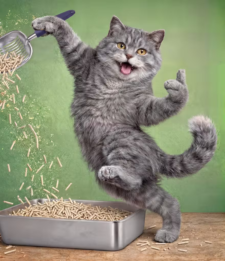 Gray cat jumping beside a litter box